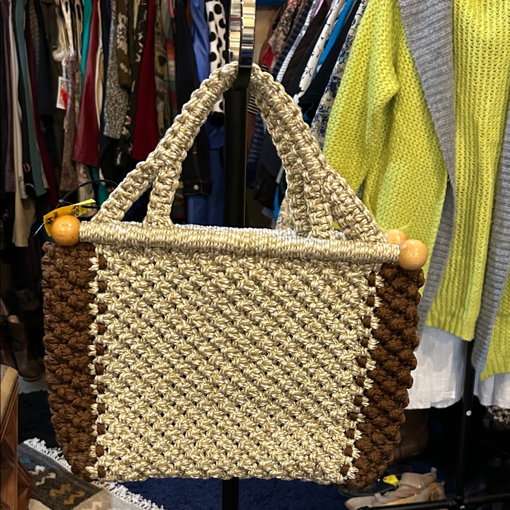 Vintage Woven Tote in Cream and Brown